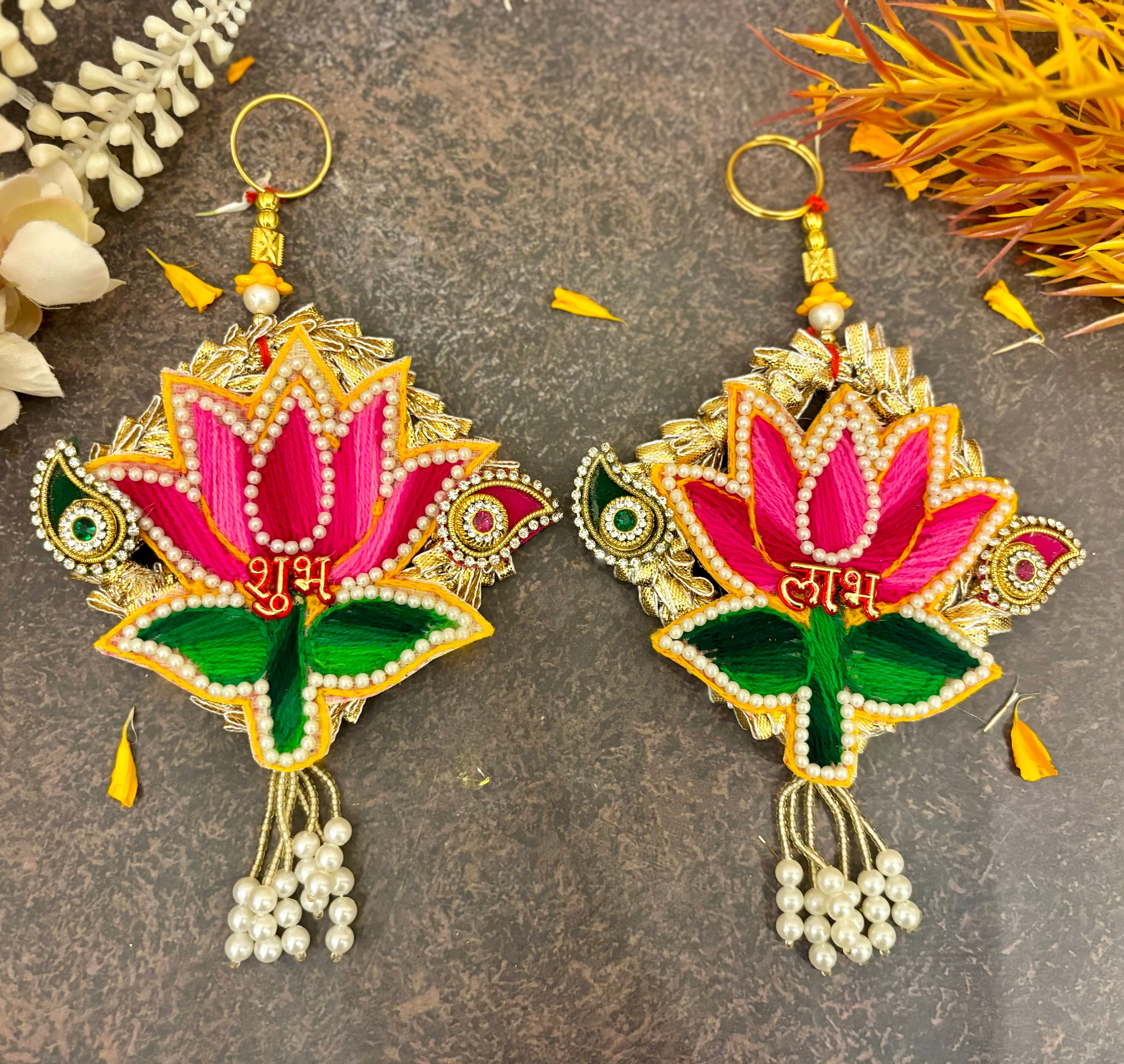 Handmade Pink Lotus Shubh Labh Hanging - Pack of 2 Pairs | Designer Laddu Gopal Dress, Kanha Ji Poshak, Bal Gopal Dress for Janmashtami Festival