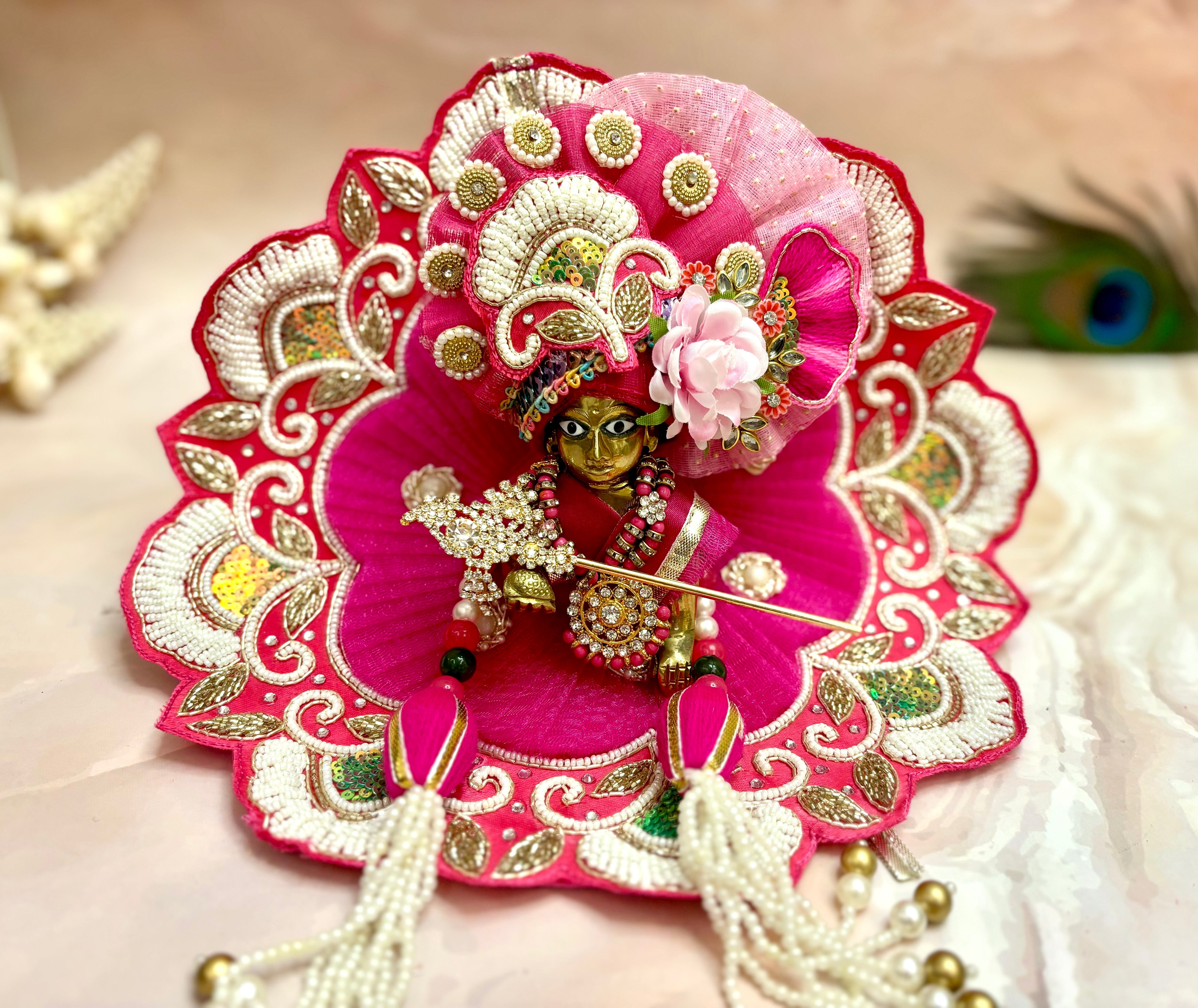Handmade Pink Pearl & Sequin Laddu Gopal Dress - Designer Kanha Ji Poshak for Janmashtami, Fancy Bal Gopal & Krishna Ji Dress