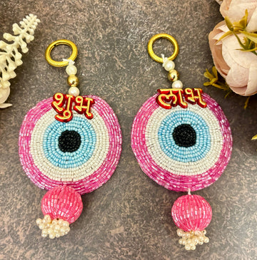 Handmade Pink Evil Eye Shubh Labh Hanging - Designer Laddu Gopal Dress, Kanha Ji Poshak for Janmashtami, Bal Gopal & Krishna Ji Dress