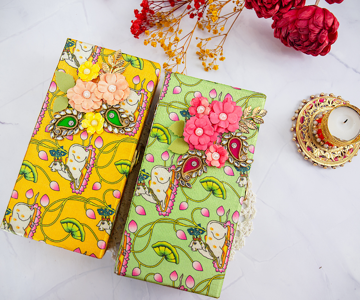 Handmade Yellow Heavy Cow Pichwai Cash Box for Laddu Gopal Dress | Designer Kanha Ji Poshak & Bal Gopal Dress for Janmashtami Festival
