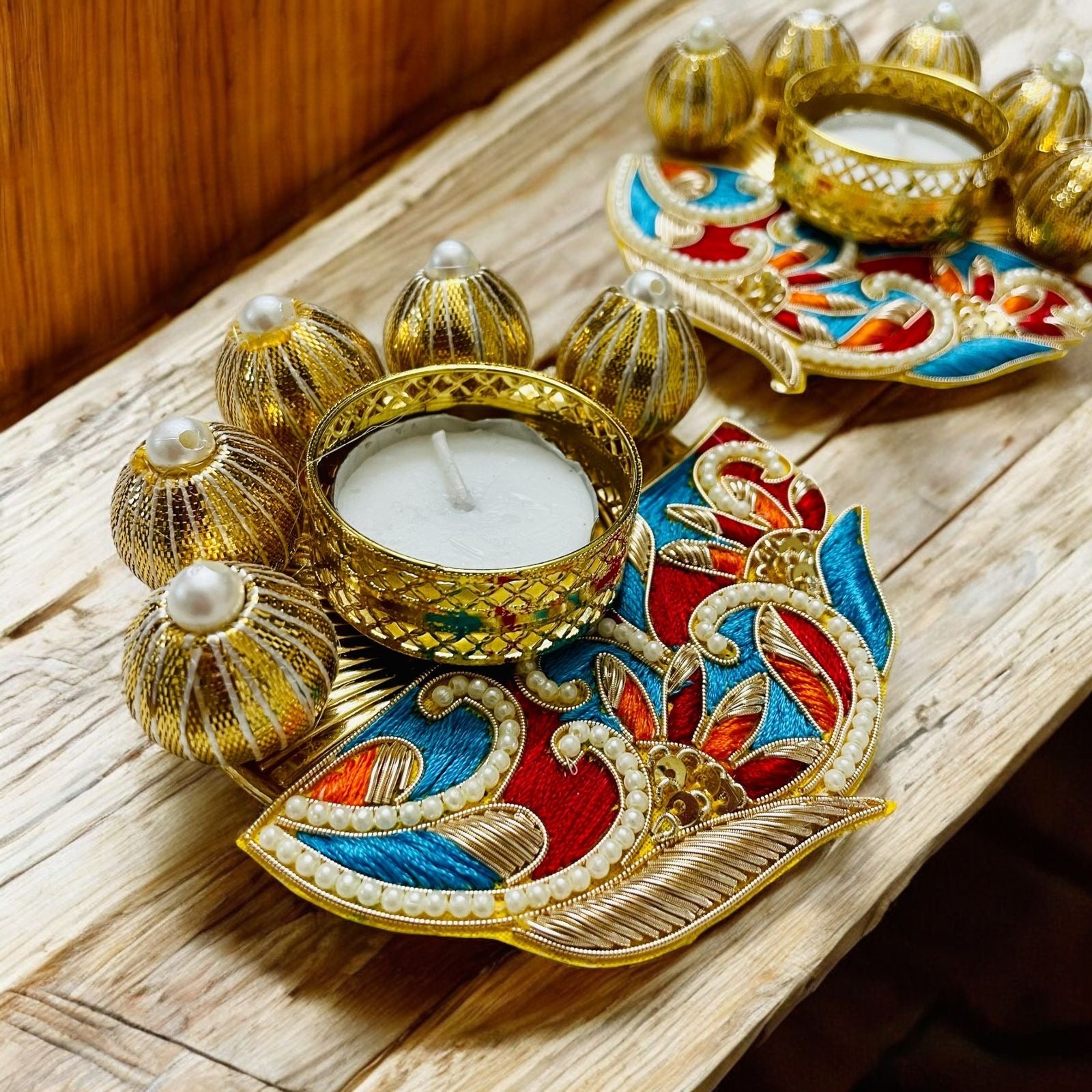 Handmade Premium Golden Blue Tealight Holders (Pack of 2) with 2 Free Wax Candles - Perfect for Janmashtami, Laddu Gopal Dress, Kanha Ji Poshak & Bal Gopal Decor
