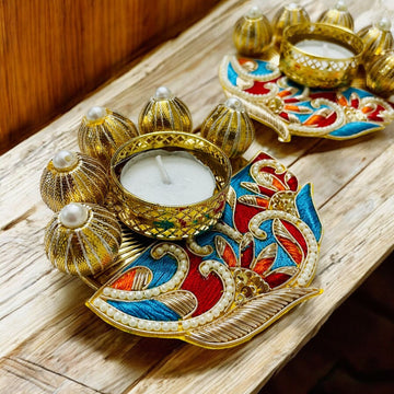 Handmade Premium Golden Blue Tealight Holders (Pack of 2) with 2 Free Wax Candles - Perfect for Janmashtami, Laddu Gopal Dress, Kanha Ji Poshak & Bal Gopal Decor