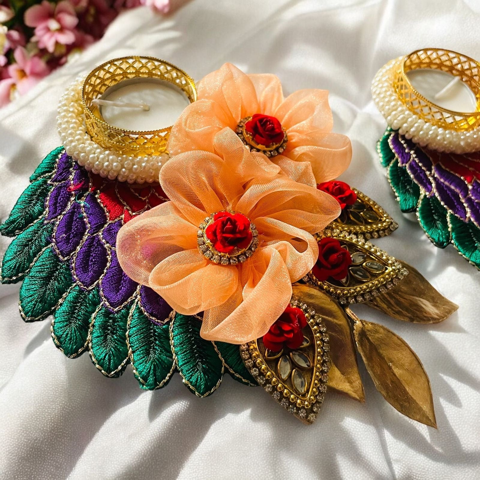 Handmade Premium Peacock Tealight Holders (Set of 2) with 2 Free Wax Candles - Perfect for Janmashtami, Laddu Gopal Dress, Kanha Ji Poshak & Bal Gopal Decor
