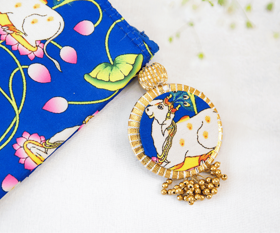 Handmade Blue Cow Pichwai Silk Zip Bags - Perfect for Laddu Gopal Dress, Kanha Ji Poshak, Bal Gopal Dress & Janmashtami Celebrations
