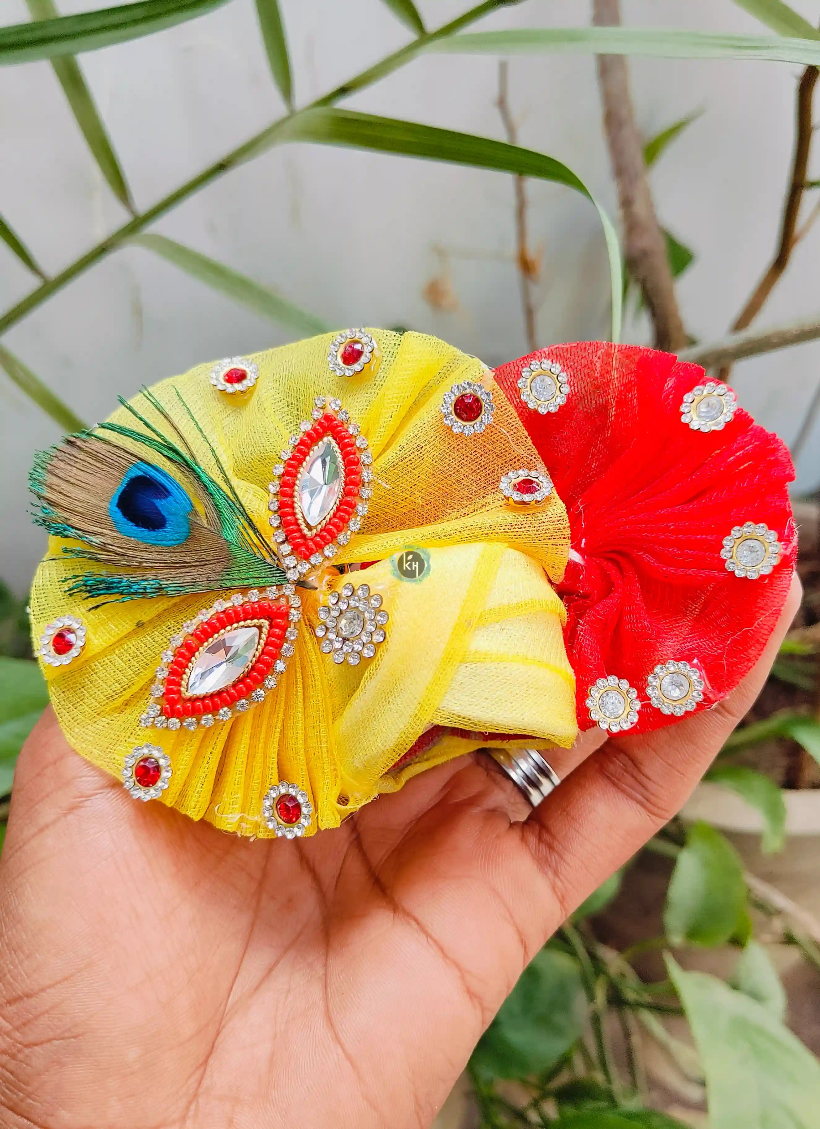 Handmade Janmashtami Laddu Gopal Dress - Designer Bhandej Pati Mor Pankh Heavy Poshak with Pagdi & Choli for Kanha Ji & Bal Gopal