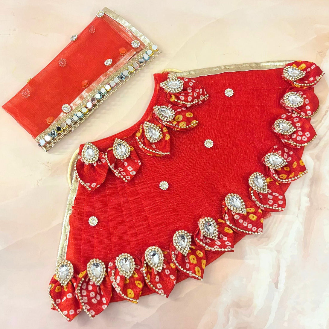 Handmade Red Bandhej Laddu Gopal Dress - Designer Kanha Ji Poshak for Janmashtami, Fancy Bal Gopal Dress, Krishna Ji Outfit
