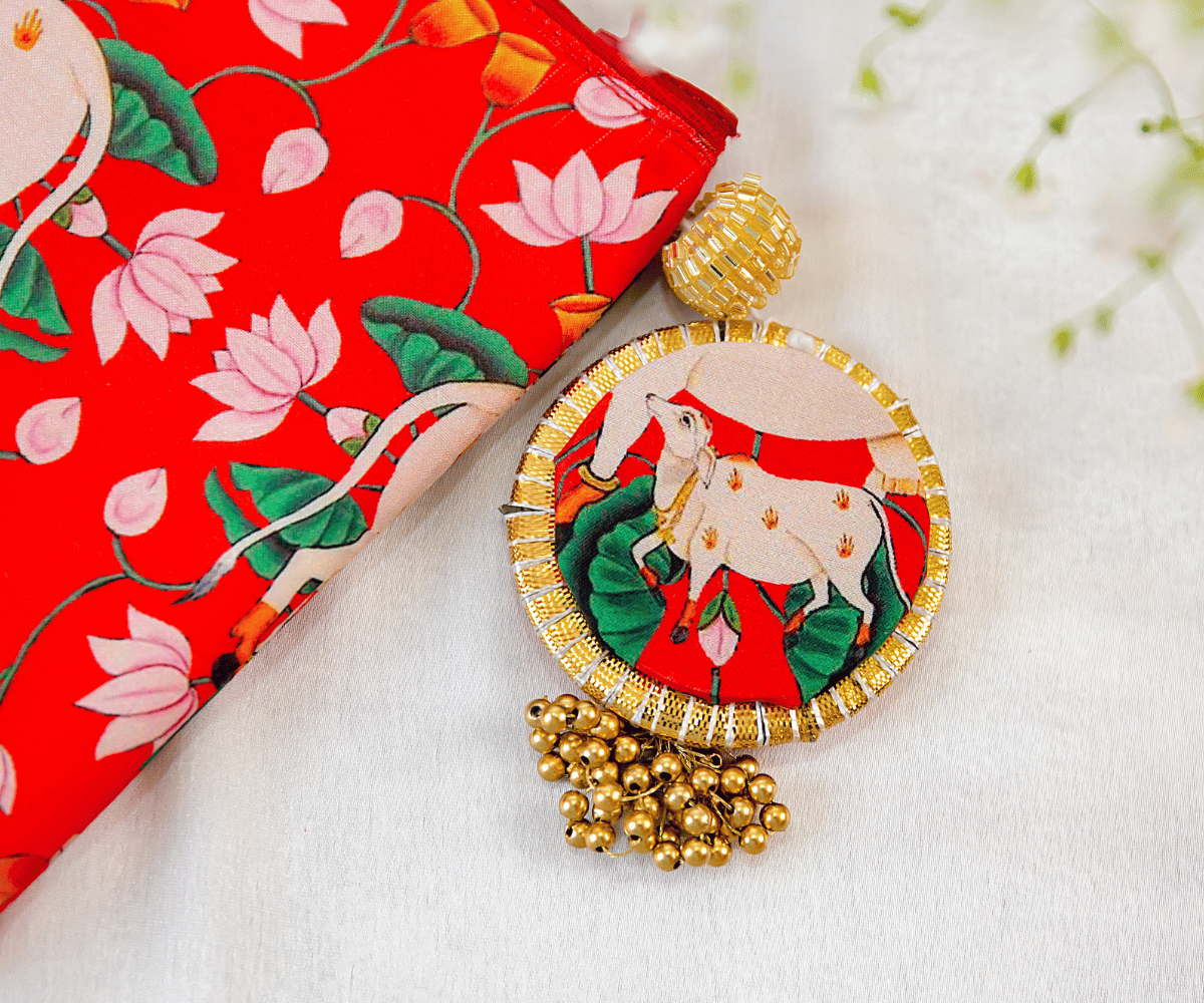 Handmade Red Cow Pichwai Silk Zip Bags for Laddu Gopal Dress, Kanha Ji Poshak, Bal Gopal Dress & Krishna Ji Dress - Perfect for Janmashtami Festival