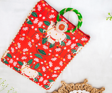 Handmade Red Cow Pichwai Hand Bag - Perfect for Janmashtami Celebrations, Ideal for Laddu Gopal Dress, Kanha Ji Poshak, and Bal Gopal Dress