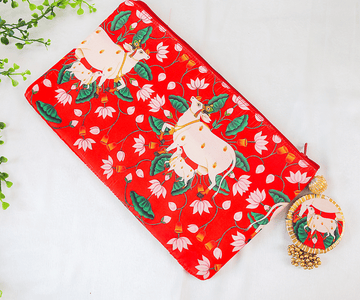 Handmade Red Cow Pichwai Silk Zip Bags for Laddu Gopal Dress, Kanha Ji Poshak, Bal Gopal Dress & Krishna Ji Dress - Perfect for Janmashtami Festival