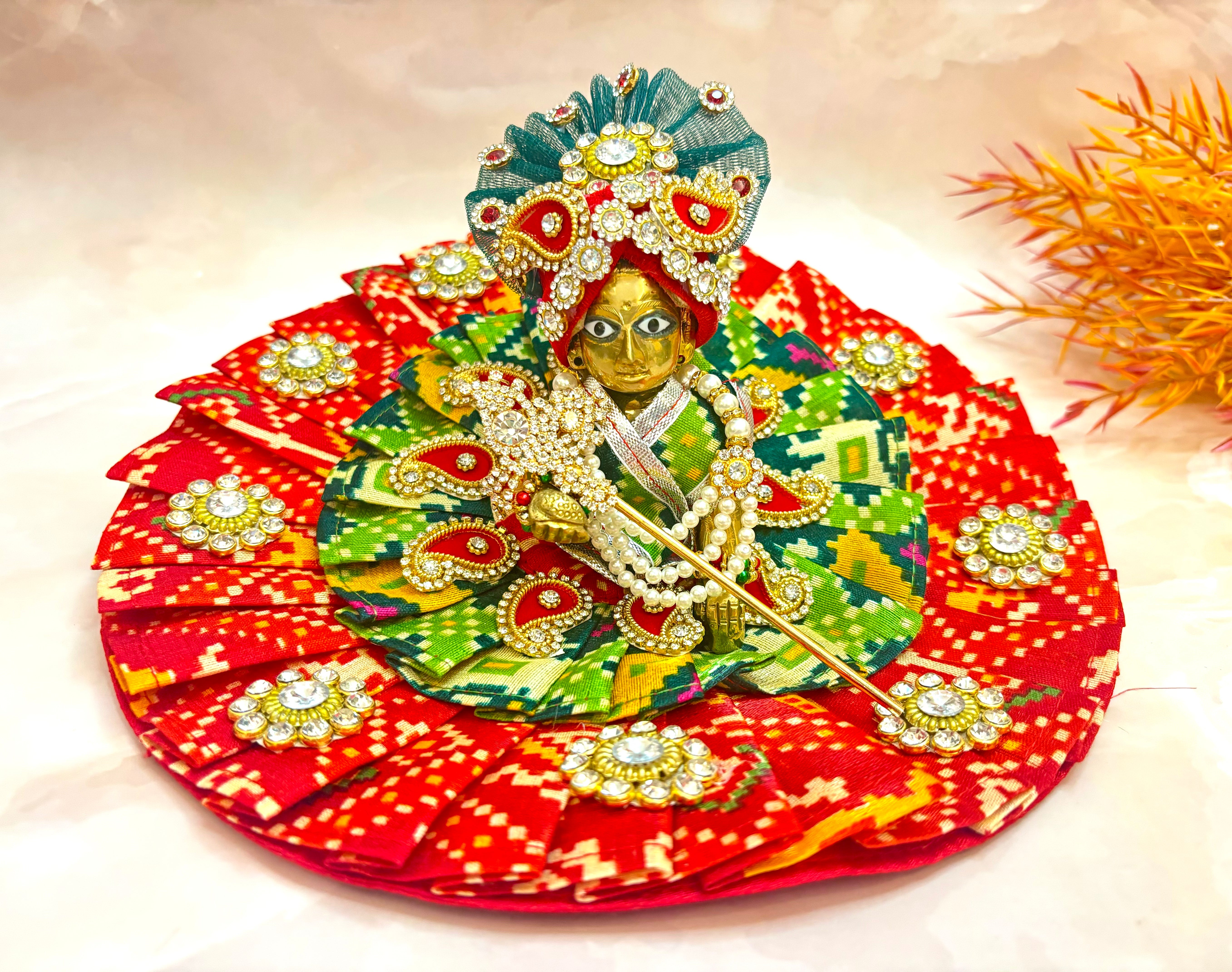 Handmade Red & Green Laddu Gopal Dress - Designer Kanha Ji Poshak for Janmashtami, Fancy Bal Gopal Dress, Krishna Ji Dress