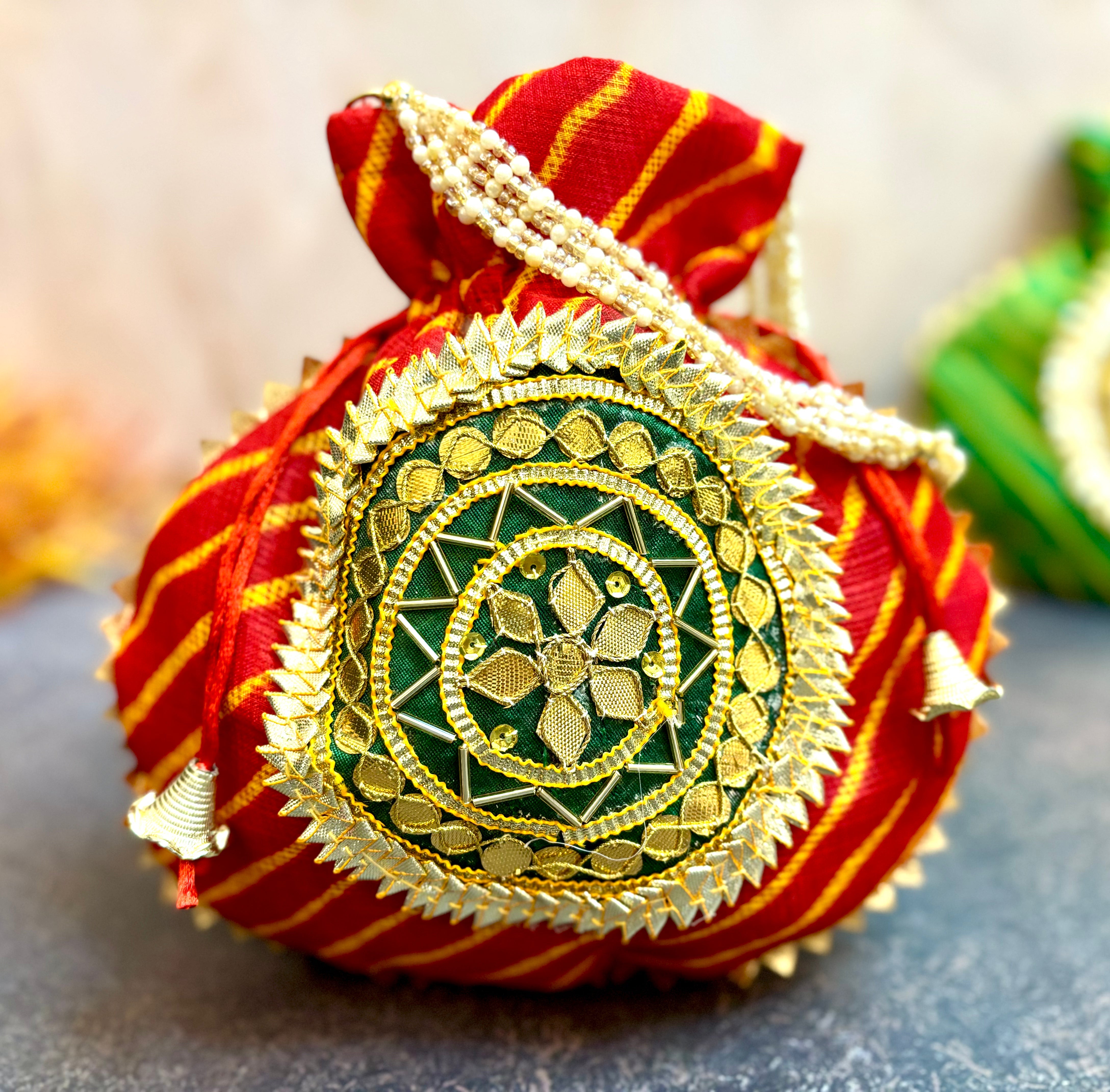 Handmade Red Kota Doriya Potli with Pearl Handle - Designer Laddu Gopal Dress, Kanha Ji Poshak, Bal Gopal Dress for Janmashtami Festival