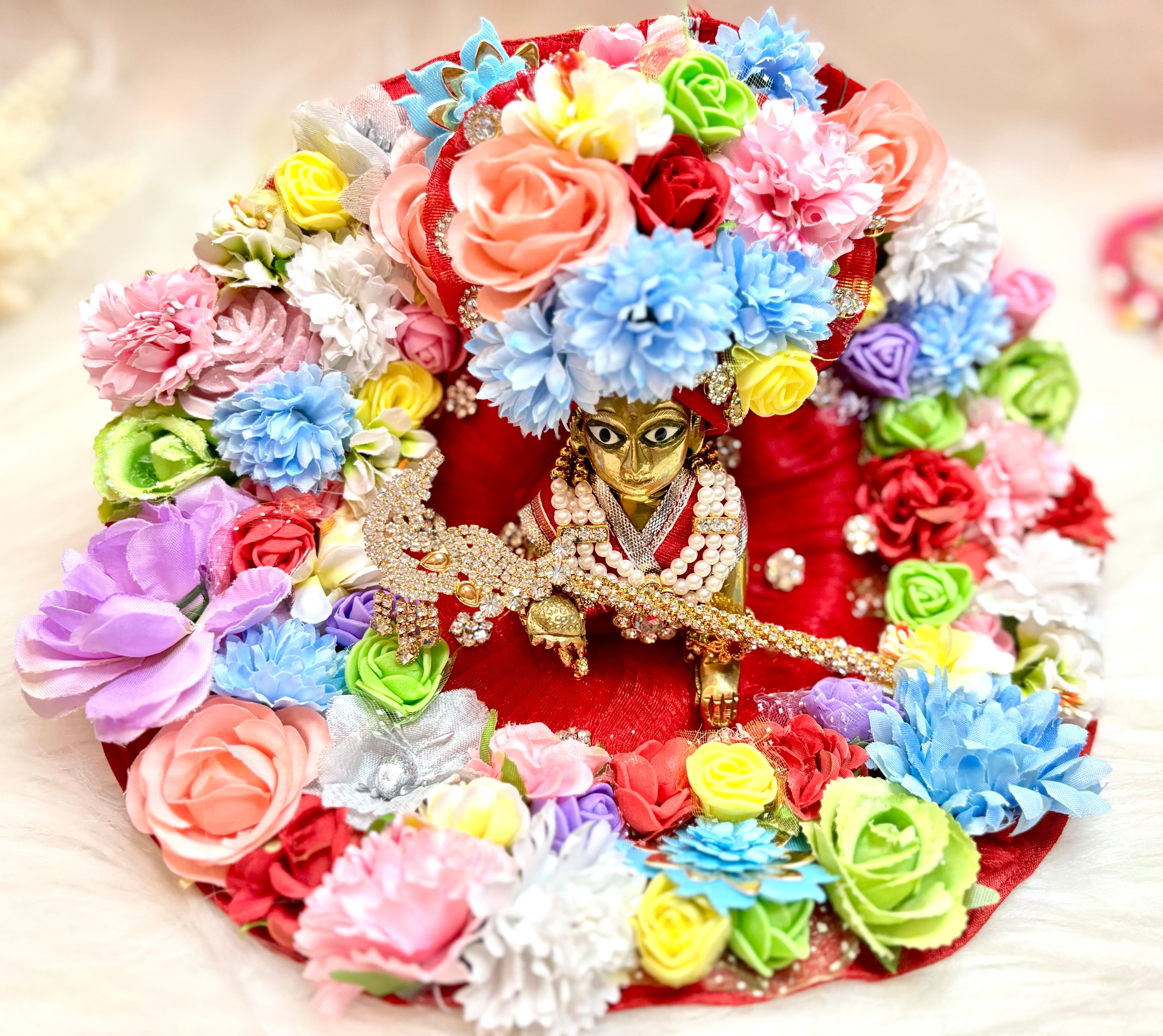 Handmade Red Multi-Flower Laddu Gopal Dress - Designer Kanha Ji Poshak for Janmashtami, Fancy Bal Gopal & Krishna Ji Dress