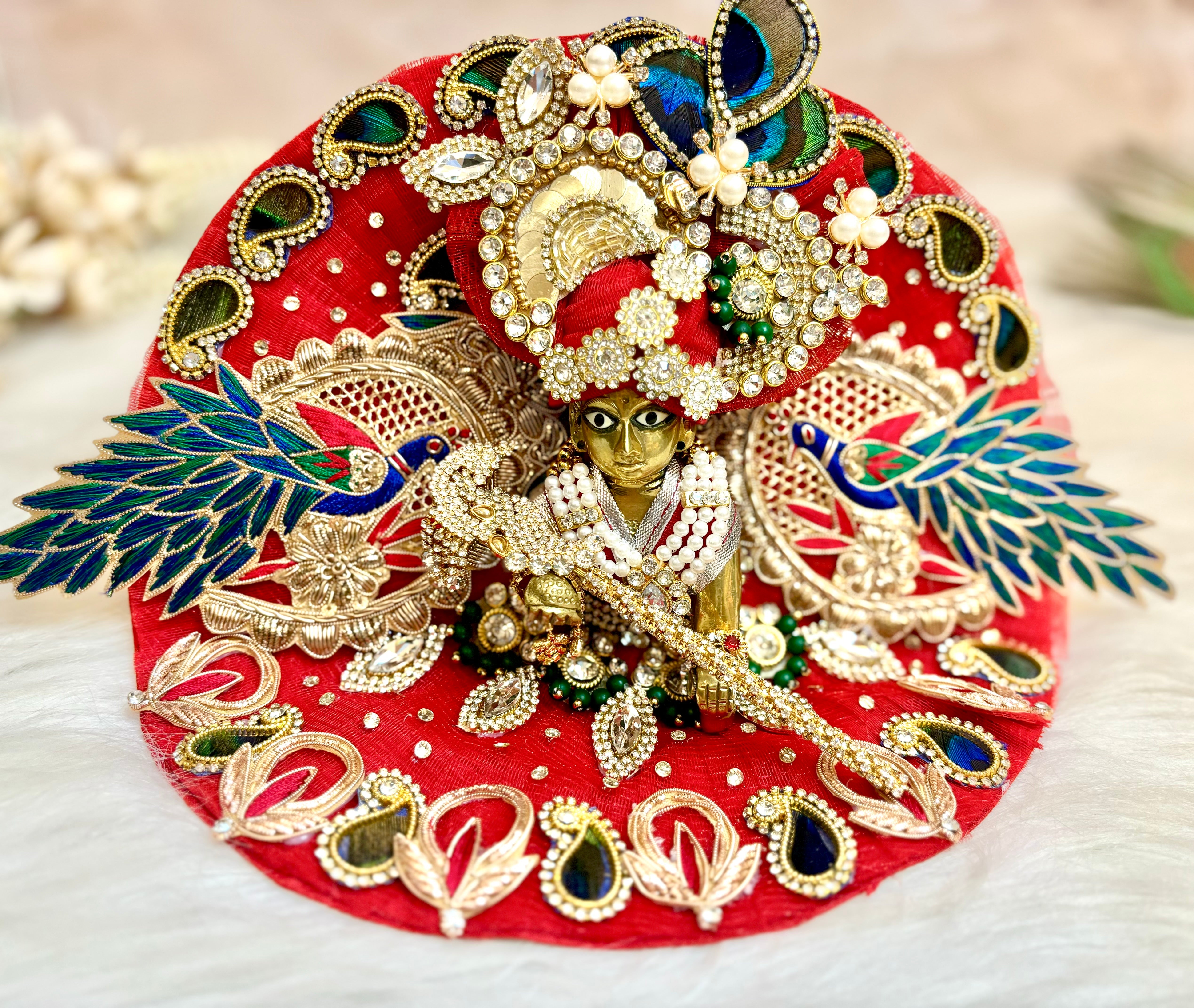 Handmade Red Peacock Laddu Gopal Dress - Designer Kanha Ji Poshak for Janmashtami, Fancy Bal Gopal Dress, Krishna Ji Outfit