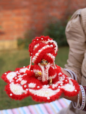 Handmade Red Wool Laddu Gopal Poshak 3 Pc Set - Designer Kanha Ji Dress for Janmashtami, Fancy Bal Gopal Dress, Krishna Ji Poshak