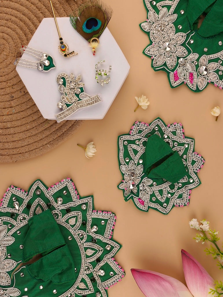 Handmade Emerald Green Laddu Gopal Dress - Designer Kanha Ji Poshak for Janmashtami, Fancy Bal Gopal Dress, Krishna Ji Outfit