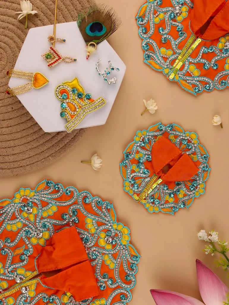Handmade Madhuban Orange Laddu Gopal Dress | Designer Kanha Ji Poshak for Janmashtami | Fancy Bal Gopal & Krishna Ji Dress