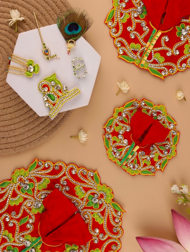 Handmade Madhuban Red Laddu Gopal Poshak - Designer Bal Gopal Dress for Janmashtami, Fancy Kanha Ji Dress, Krishna Ji Poshak