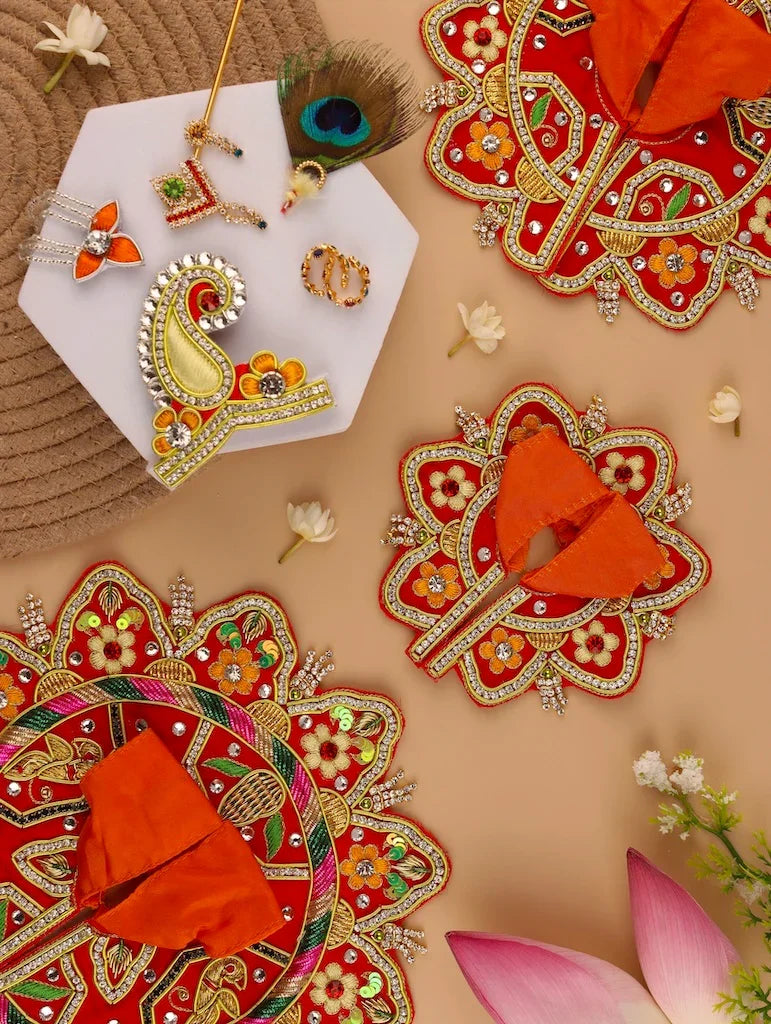 Handmade Madhur Leela Orange Laddu Gopal Dress - Designer Kanha Ji Poshak for Janmashtami, Fancy Bal Gopal Dress, Krishna Ji Outfit
