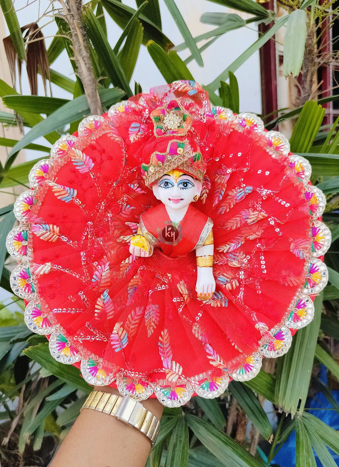Handmade Fancy Kolkata Lace Dress for Laddu Gopal with Pagadi & Choli - Designer Janmashtami Poshak for Krishna Ji, Bal Gopal & Kanha Ji