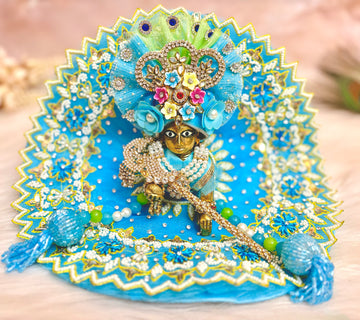 Handmade Sky Blue Pearl Hand Embroidered Laddu Gopal Dress - 4 Piece Designer Poshak Set for Janmashtami, Kanha Ji, Bal Gopal & Krishna Ji