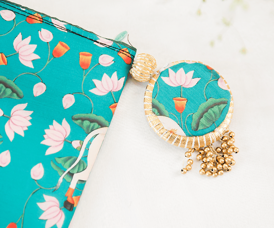 Handmade Turquoise Cow Pichwai Zip Bags - Perfect for Laddu Gopal Dress, Kanha Ji Poshak, Bal Gopal Dress & Janmashtami Celebrations
