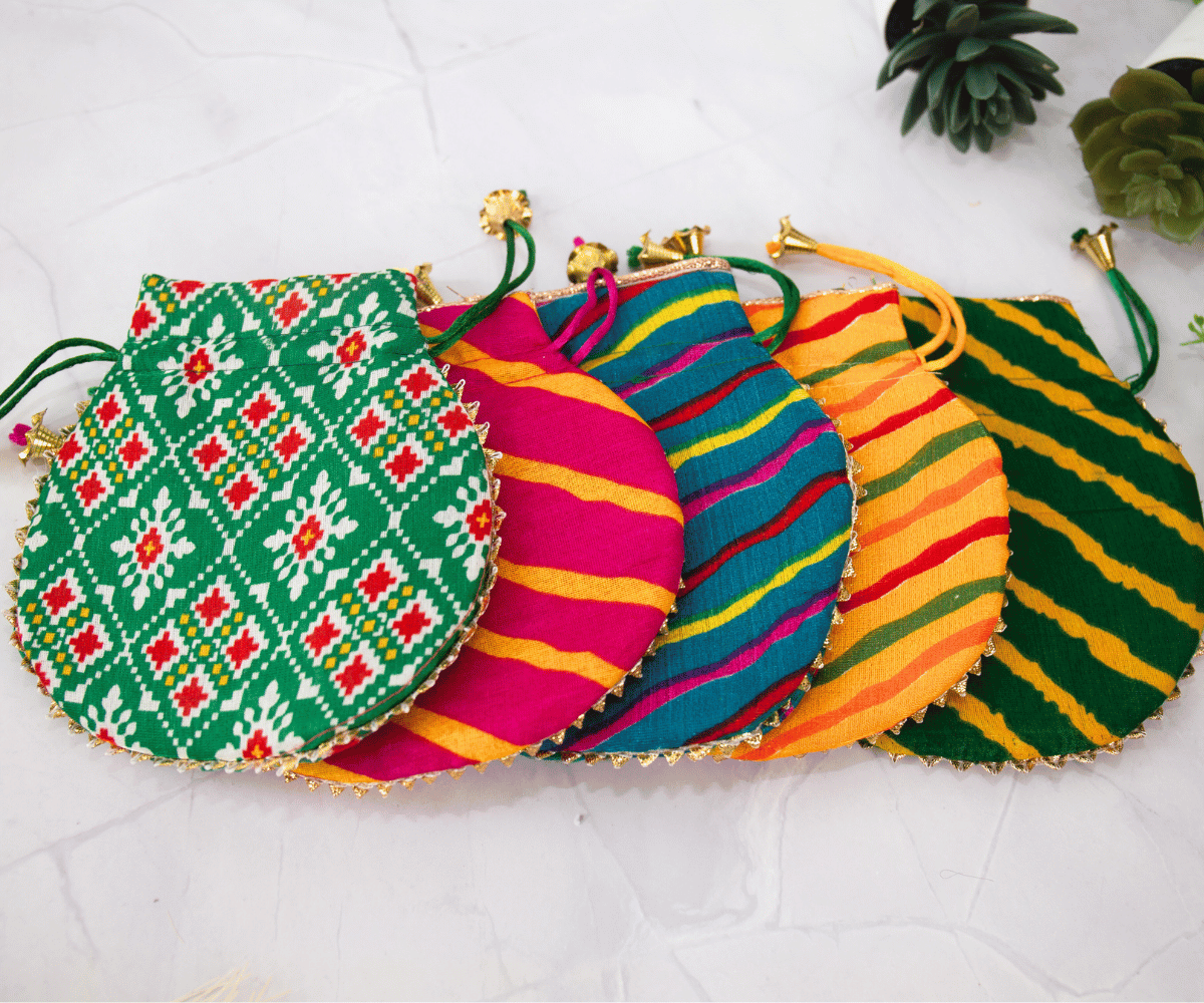 Handmade Small Leheriya Potli Bags (Pack of 10) in Mix Colors - Perfect for Laddu Gopal Dress, Kanha Ji Poshak, and Janmashtami Celebrations