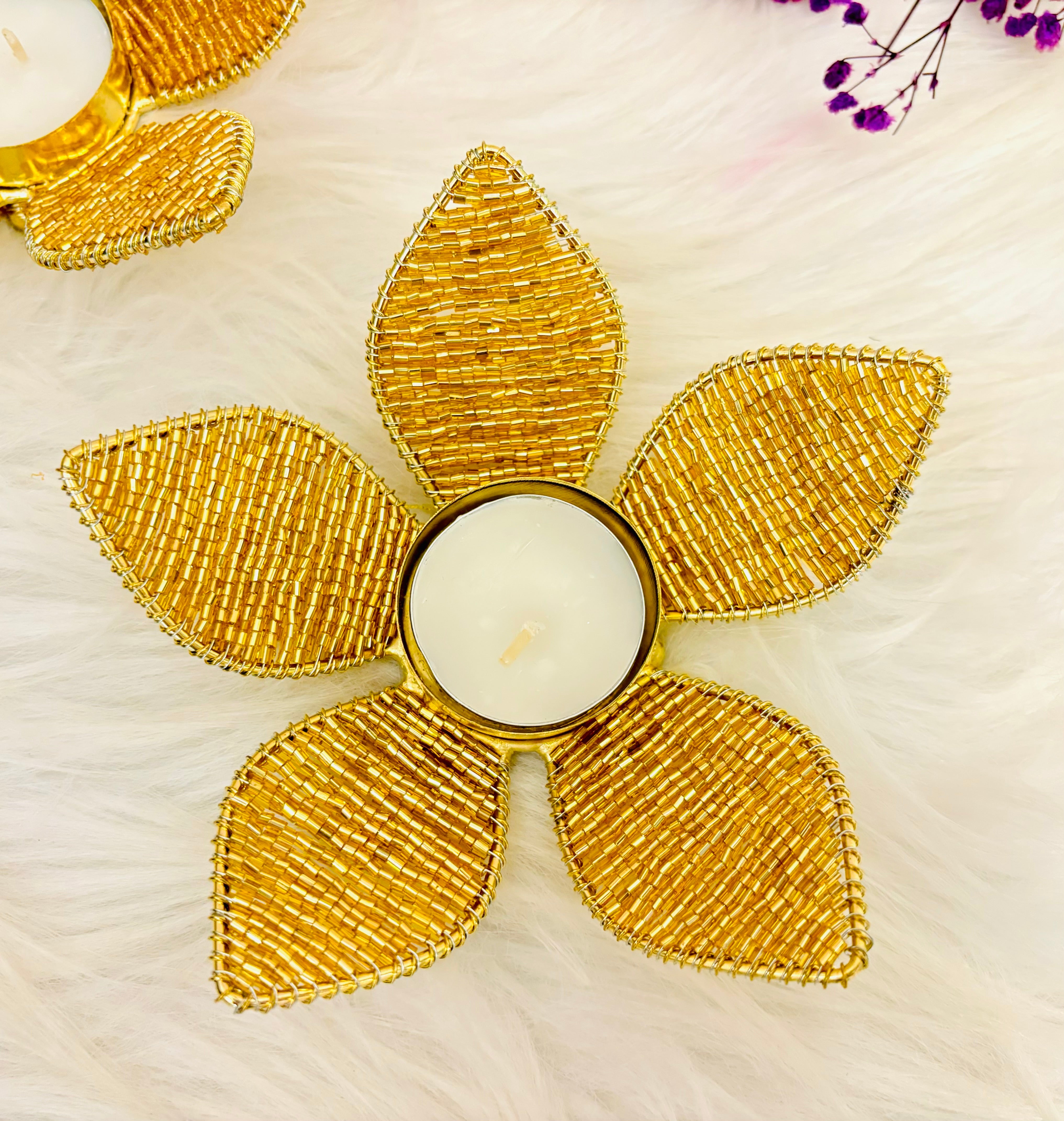 Handmade Sparkling Golden Tealight Holders - Pack of 2 for Janmashtami | Perfect for Laddu Gopal Dress, Kanha Ji Poshak & Bal Gopal Decor
