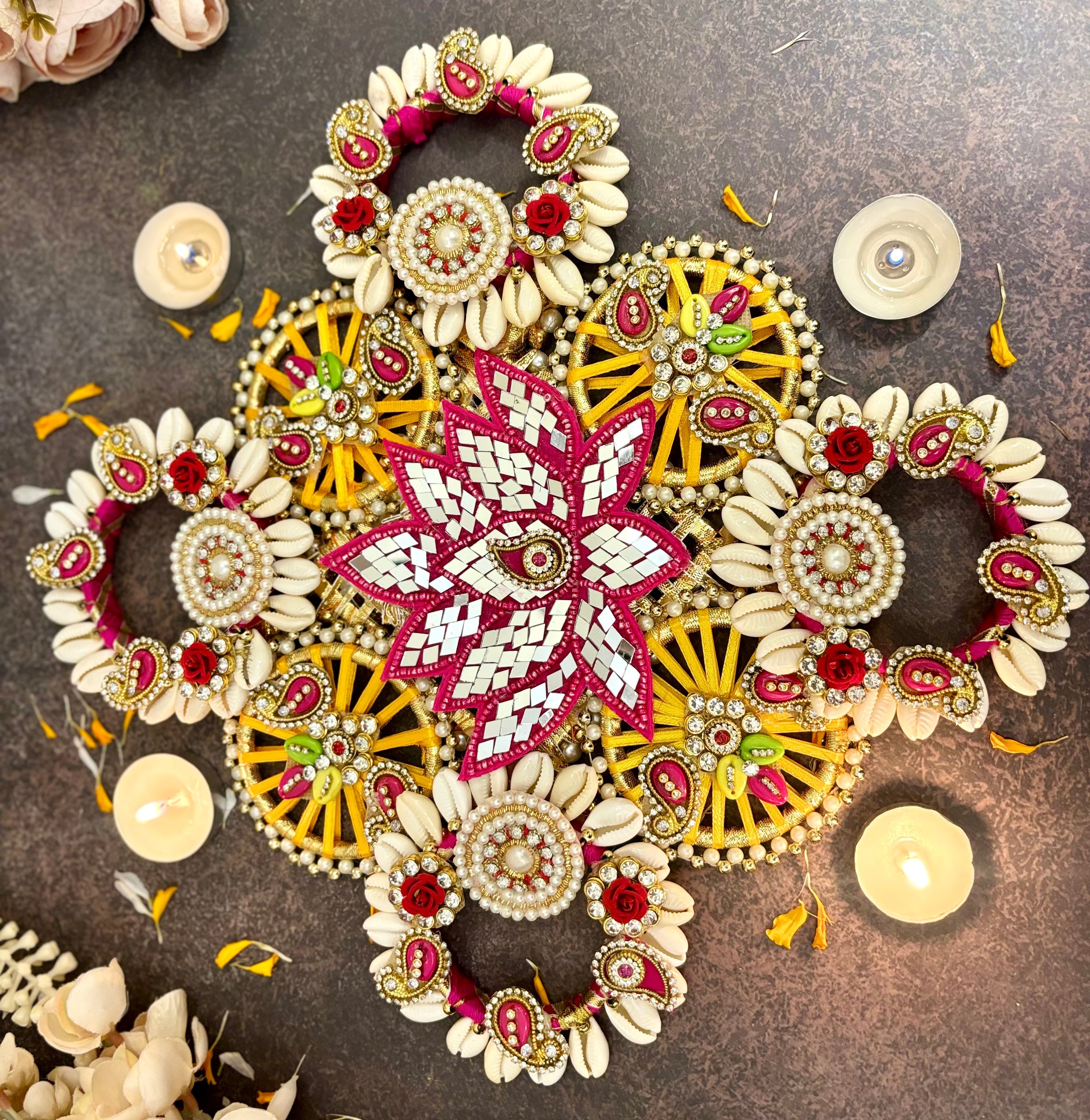 Handmade Sparkling Mirror Lotus Rangoli & Centre Decor Piece for Janmashtami - Perfect for Laddu Gopal Dress, Kanha Ji Poshak, and Bal Gopal Dress