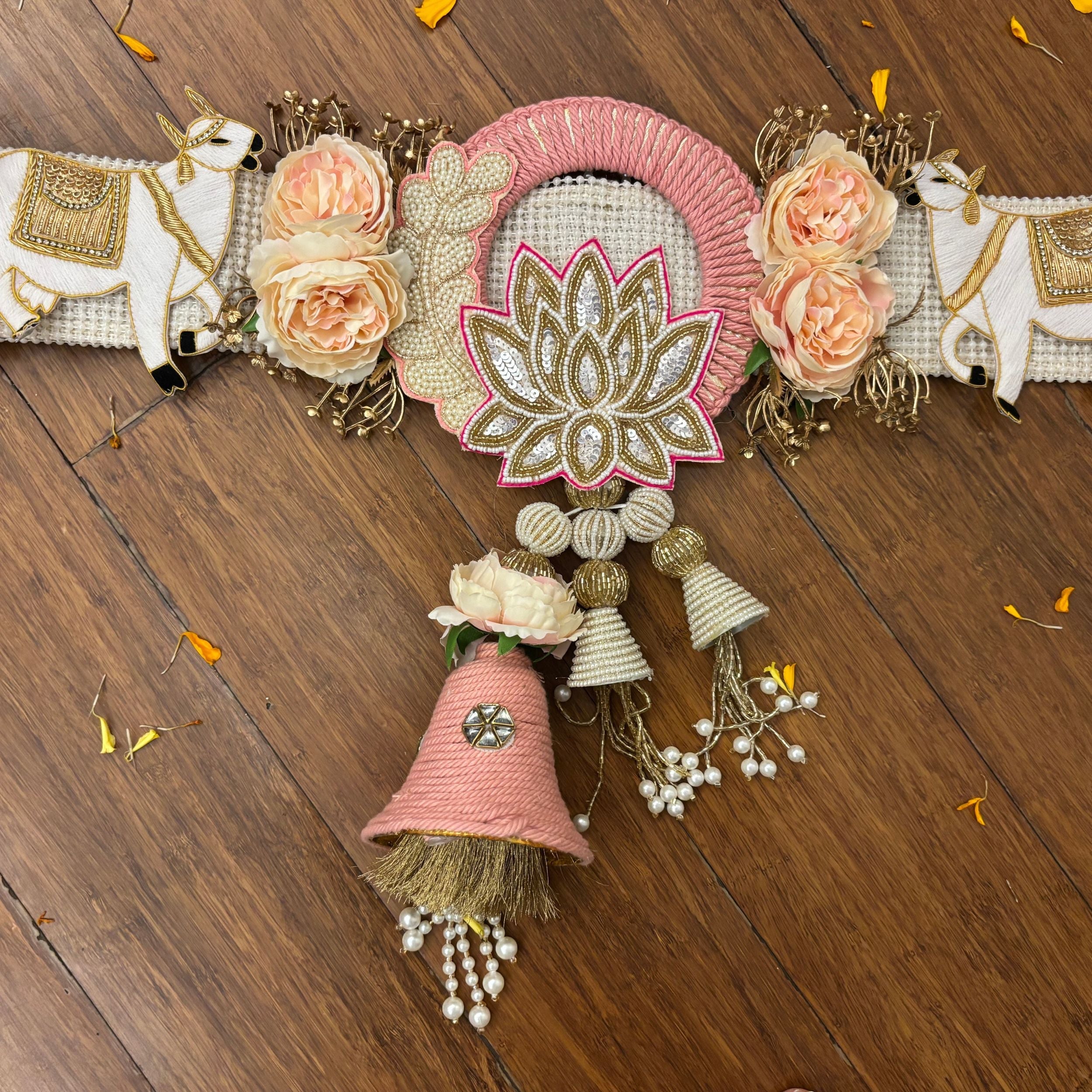 Handmade Luxe Blush Lotus Heritage Toran - Designer Laddu Gopal Dress, Kanha Ji Poshak & Bal Gopal Dress for Janmashtami Festival