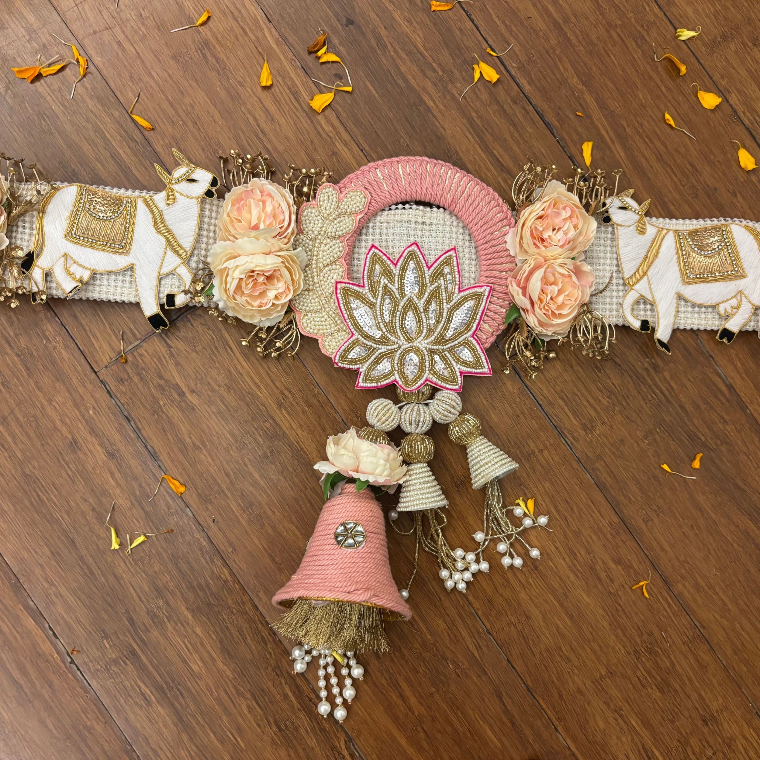 Handmade Luxe Blush Lotus Heritage Toran - Designer Laddu Gopal Dress, Kanha Ji Poshak & Bal Gopal Dress for Janmashtami Festival