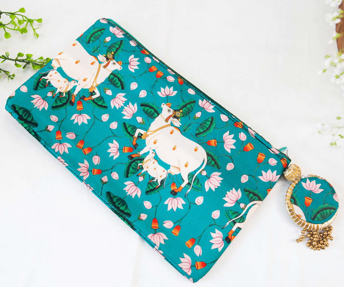 Handmade Turquoise Cow Pichwai Zip Bags - Perfect for Laddu Gopal Dress, Kanha Ji Poshak, Bal Gopal Dress & Janmashtami Celebrations