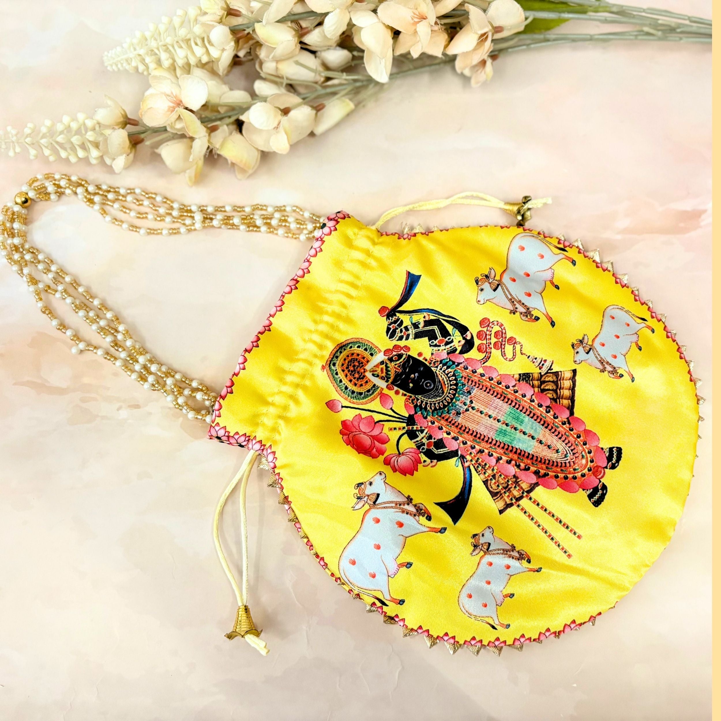 Handmade Yellow Premium Cow Shreenath Ji Potli with Pearl Handle - Designer Laddu Gopal Dress, Kanha Ji Poshak, Bal Gopal Dress for Janmashtami Festival