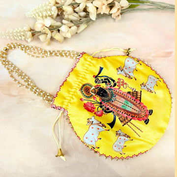 Yellow Premium Cow Shreenath Ji Potli with Pearl Handle