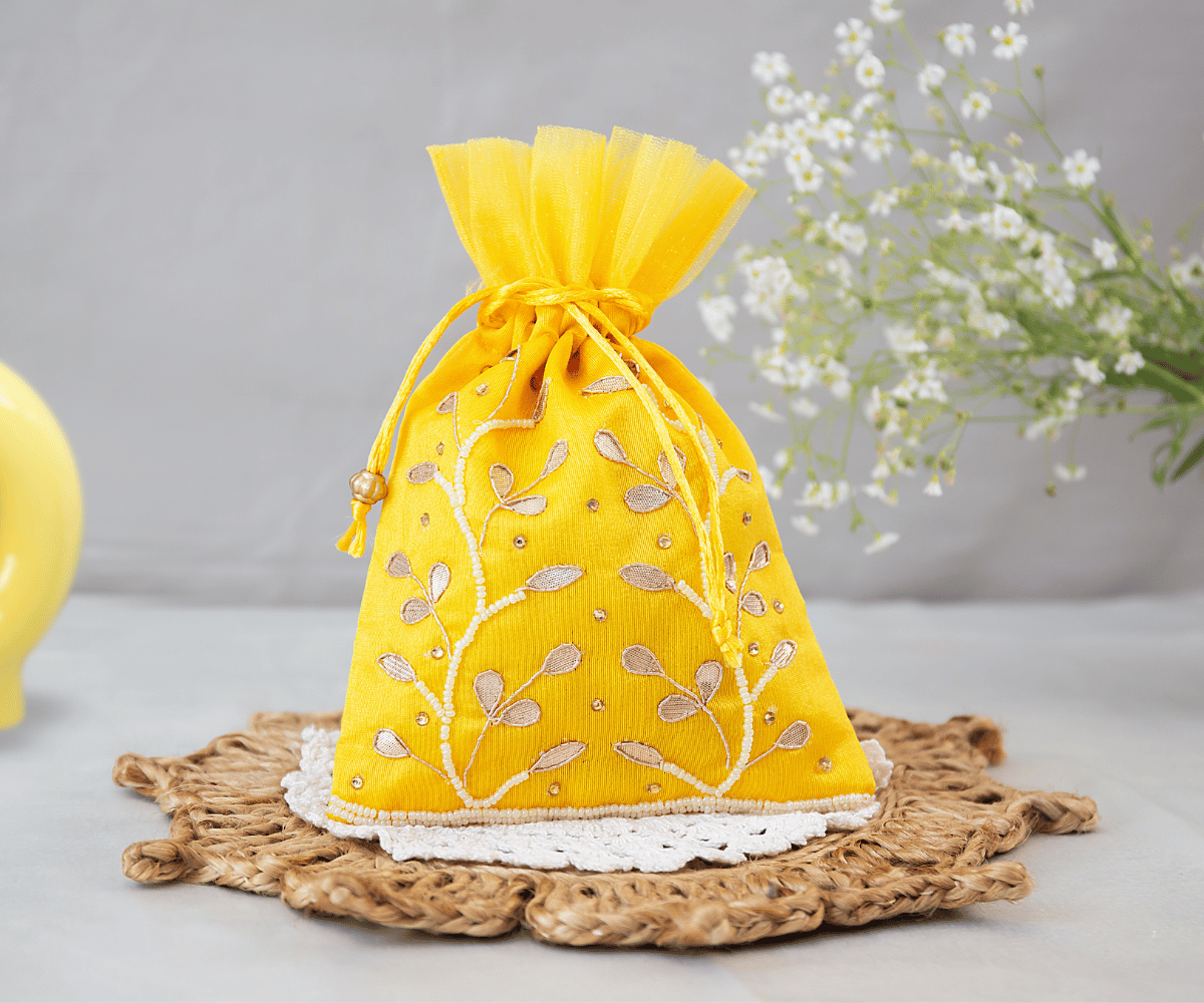 Handmade Yellow Premium Gotta Patti Potli - Designer Laddu Gopal Dress, Kanha Ji Poshak & Bal Gopal Dress for Janmashtami Festival