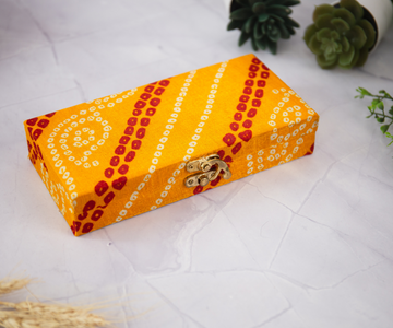 Handmade Yellow Bandhej Cash Box - Ideal for Laddu Gopal Dress, Kanha Ji Poshak, Bal Gopal Dress & Krishna Ji Dress for Janmashtami Festival