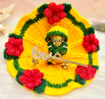Handmade Yellow Green & Red Flower Woollen Laddu Gopal Dress | Designer Kanha Ji Poshak for Janmashtami | Fancy Bal Gopal & Krishna Ji Dress