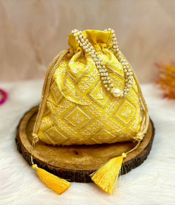 Handmade Yellow Lucknowi Potli with Pearl Handle - Designer Laddu Gopal Dress, Kanha Ji Poshak, Bal Gopal Dress for Janmashtami Festival