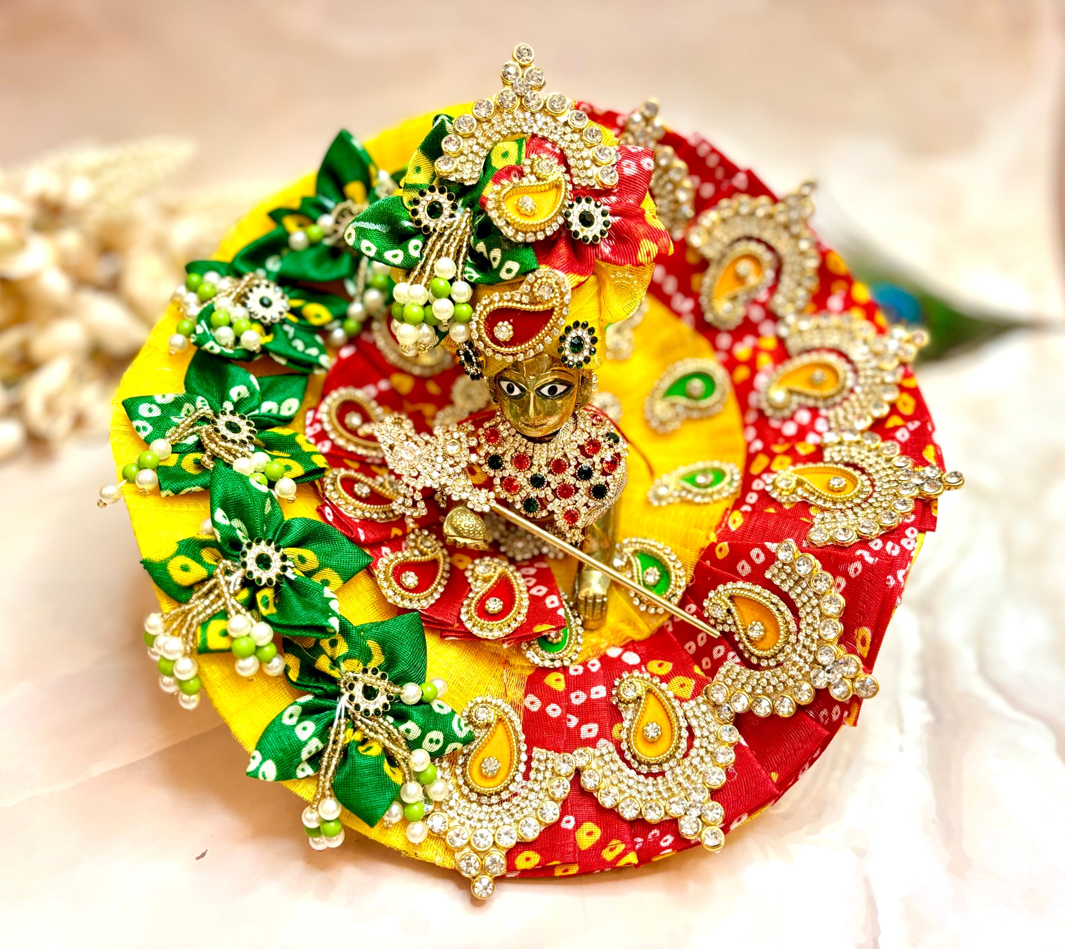 Handmade Yellow & Red Bandhej Laddu Gopal Dress Set - 4 Piece Designer Poshak for Kanha Ji, Bal Gopal & Krishna Ji - Perfect for Janmashtami Festival