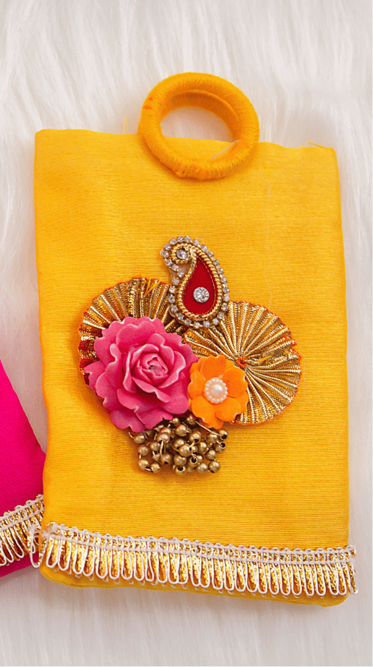 Handmade Yellow Stone & Lace Medium Gift Bag (Pack of 2) - Perfect for Laddu Gopal Dress, Kanha Ji Poshak, and Janmashtami Celebrations