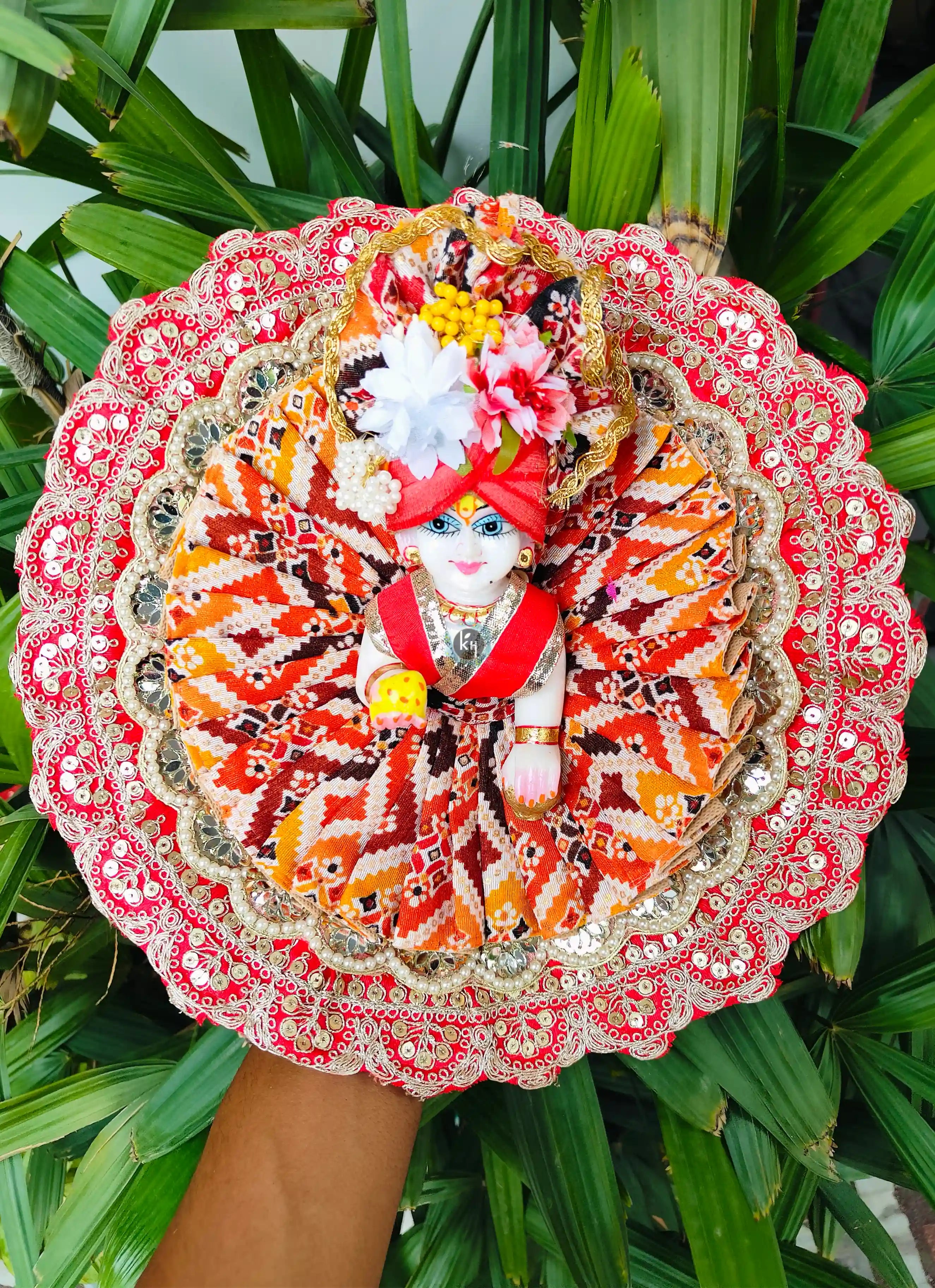 Handmade Bandhej Lace Designer Dress for Laddu Gopal with Pagdi & Choli | Fancy Kanha Ji Poshak for Janmashtami & Festivals | Bal Gopal & Krishna Ji Dress