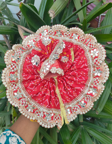 Handmade Heavy Red Bhandej Dress with Pagdi for Laddu Gopal Ji - Designer Kanha Ji Poshak for Janmashtami Celebrations | Fancy Bal Gopal Dress