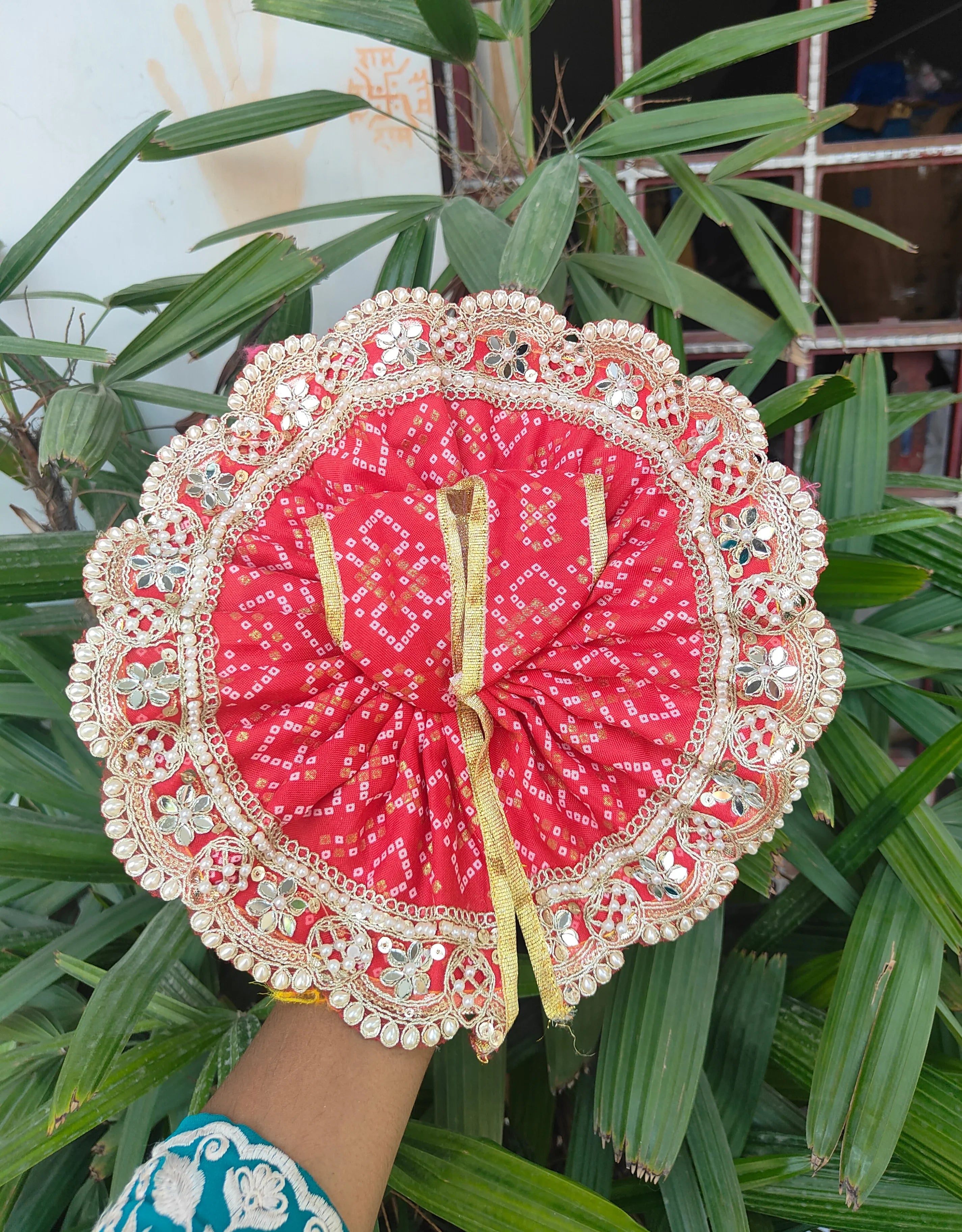 Handmade Heavy Red Bhandej Dress with Pagdi for Laddu Gopal Ji - Designer Kanha Ji Poshak for Janmashtami Celebrations | Fancy Bal Gopal Dress