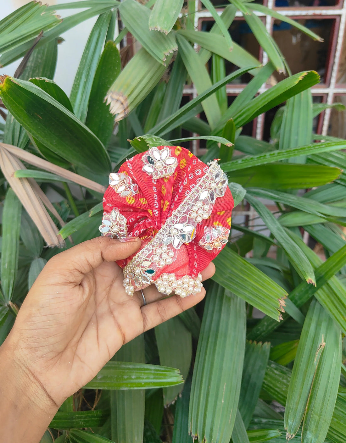 Handmade Heavy Red Bhandej Dress with Pagdi for Laddu Gopal Ji - Designer Kanha Ji Poshak for Janmashtami Celebrations | Fancy Bal Gopal Dress