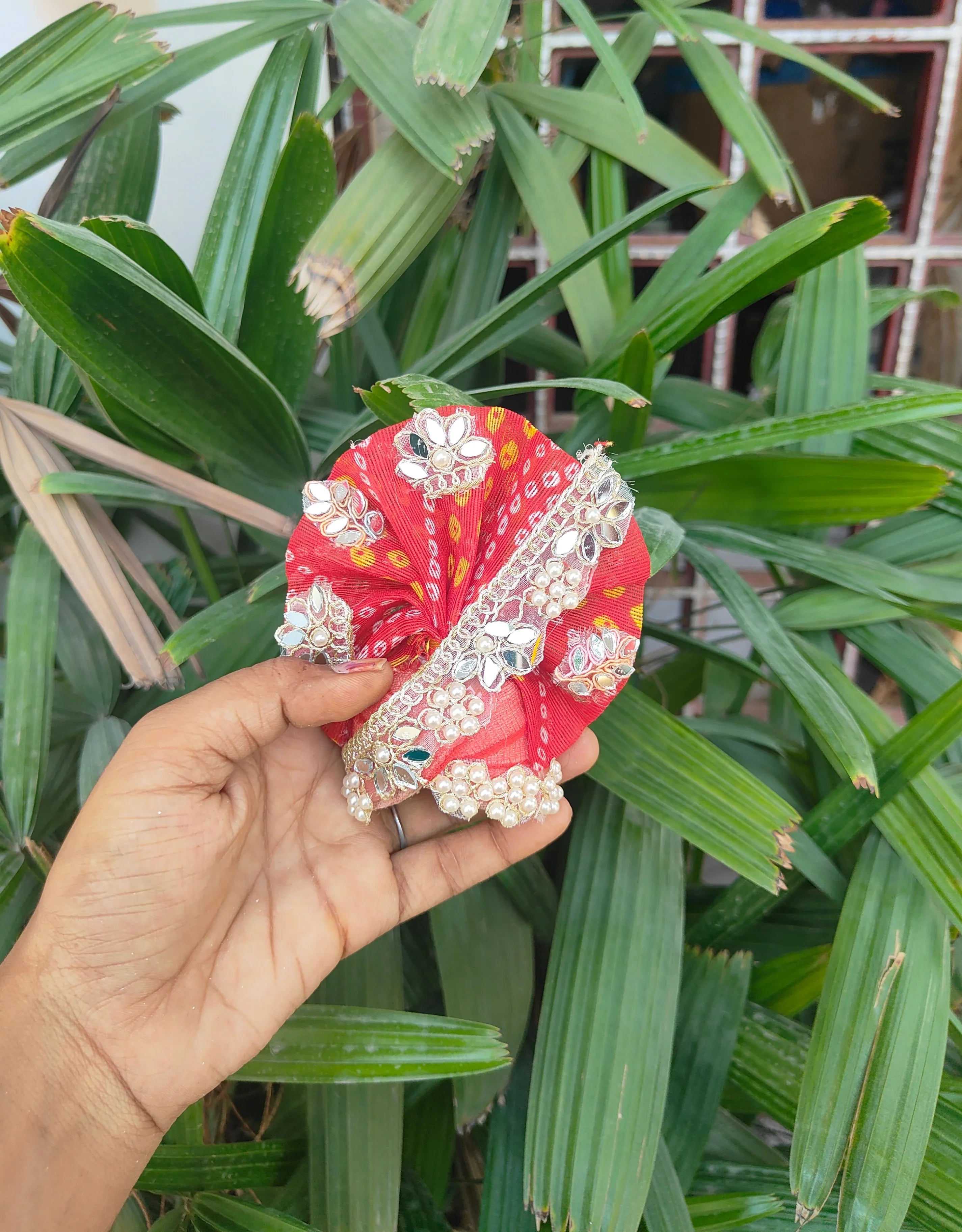 Handmade Heavy Red Bhandej Dress with Pagdi for Laddu Gopal Ji - Designer Kanha Ji Poshak for Janmashtami Celebrations | Fancy Bal Gopal Dress