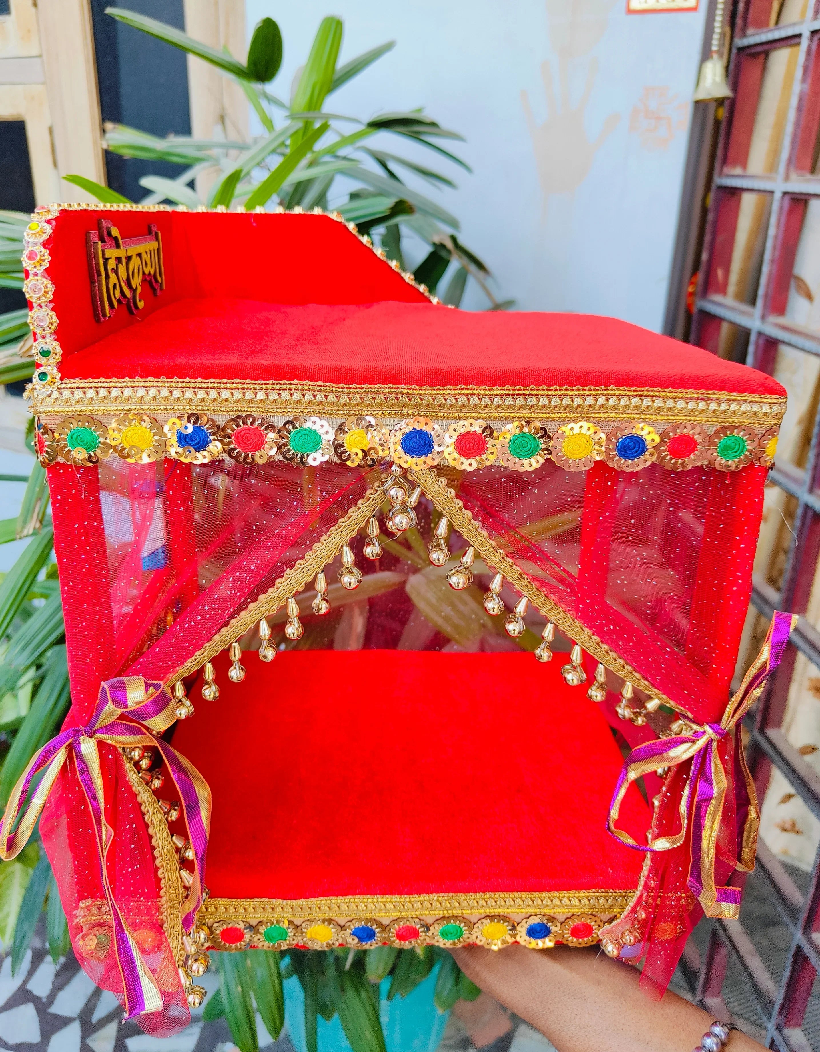light and fan wooden singhasan cum bed for laddu gopal ji - 0 to 8 No.