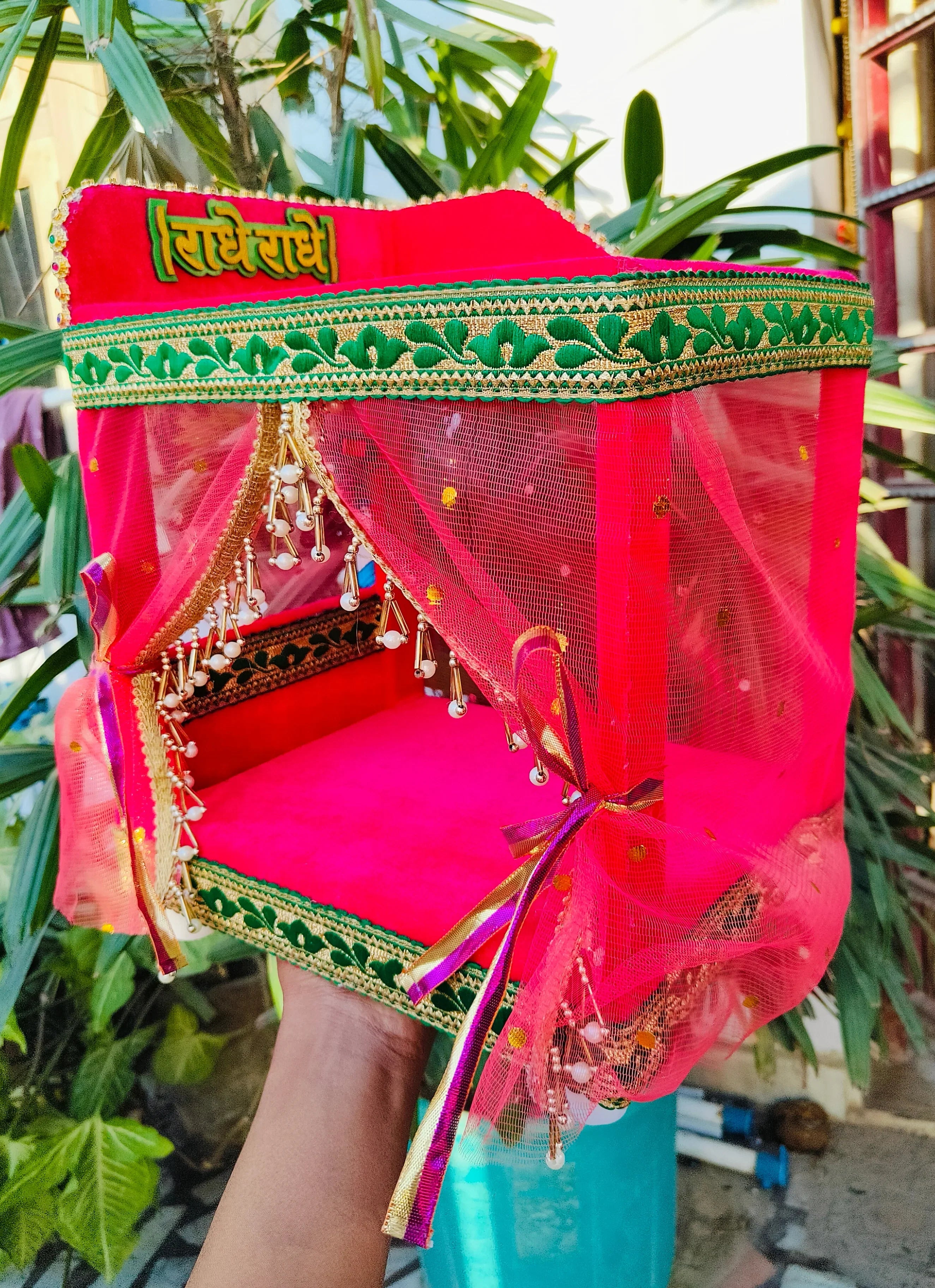 light and fan wooden singhasan cum bed for laddu gopal ji - 0 to 8 No.