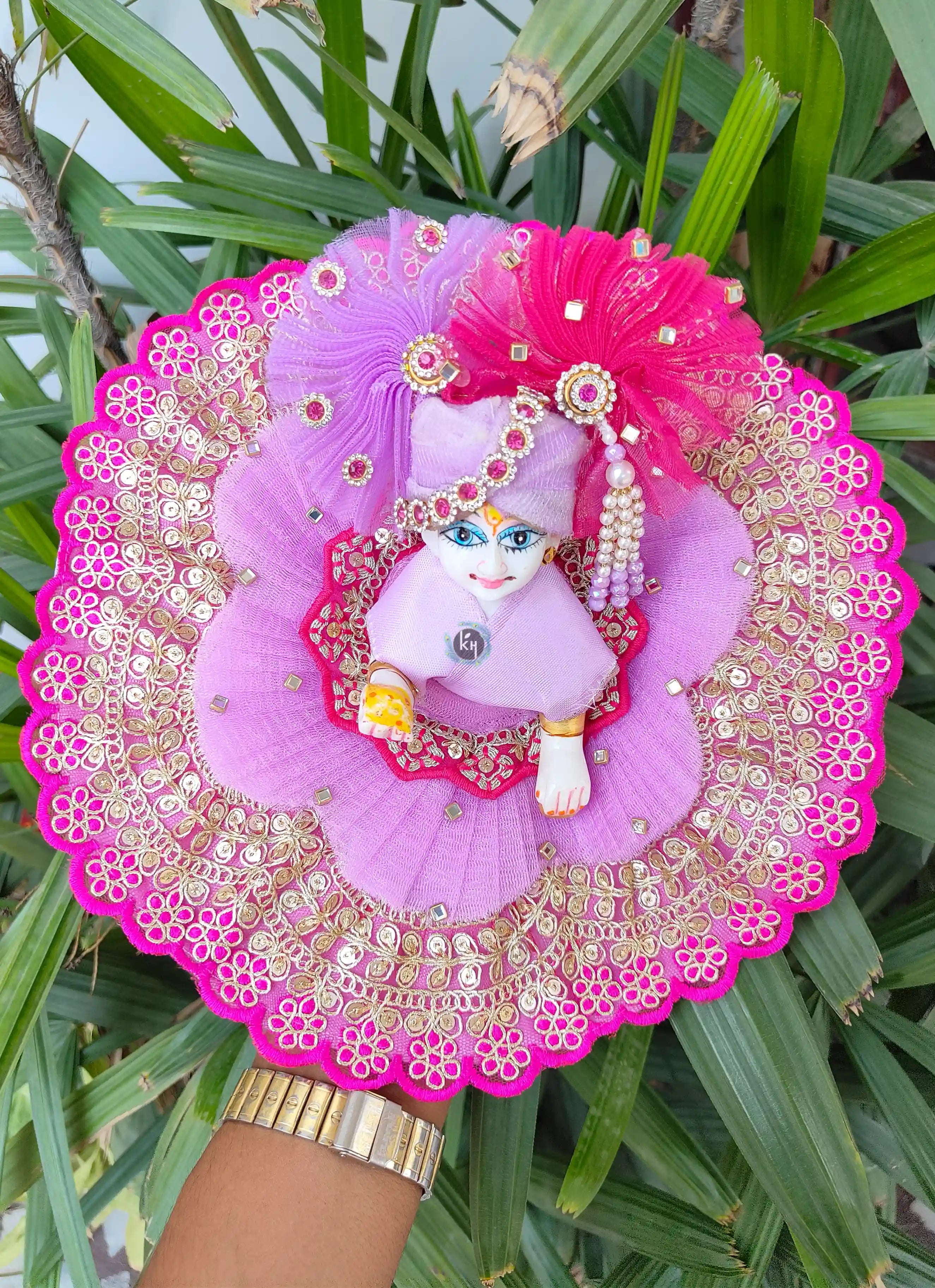 Handmade Lavender Laddu Gopal Dress with Rani Lace, Pagdi & Choli - Designer Kanha Ji Poshak for Janmashtami & Festivals