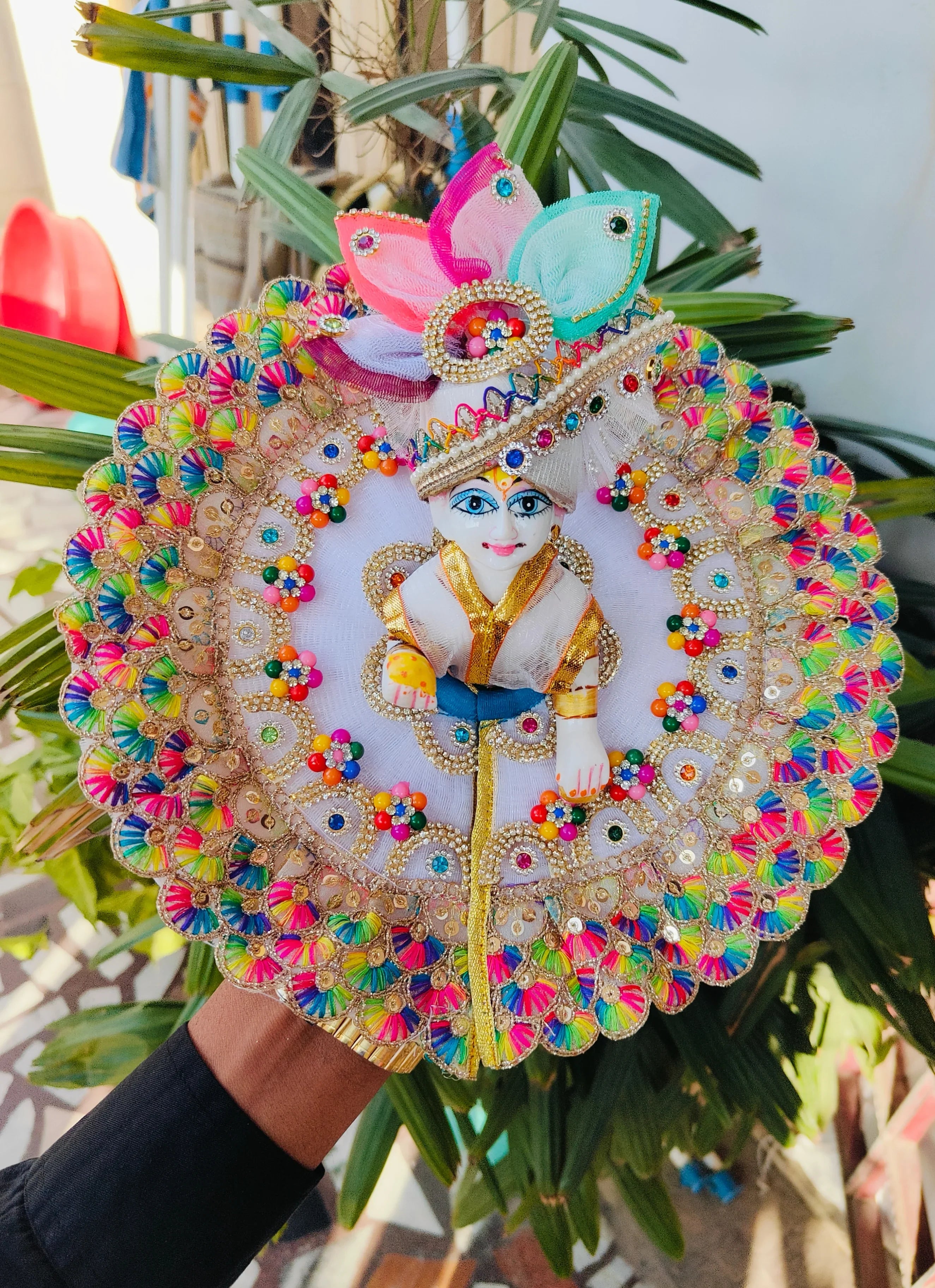 Handmade Designer White Lace Dress for Laddu Gopal Ji with Pagdi & Choli - Perfect for Janmashtami, Bal Gopal Dress, Kanha Ji Poshak