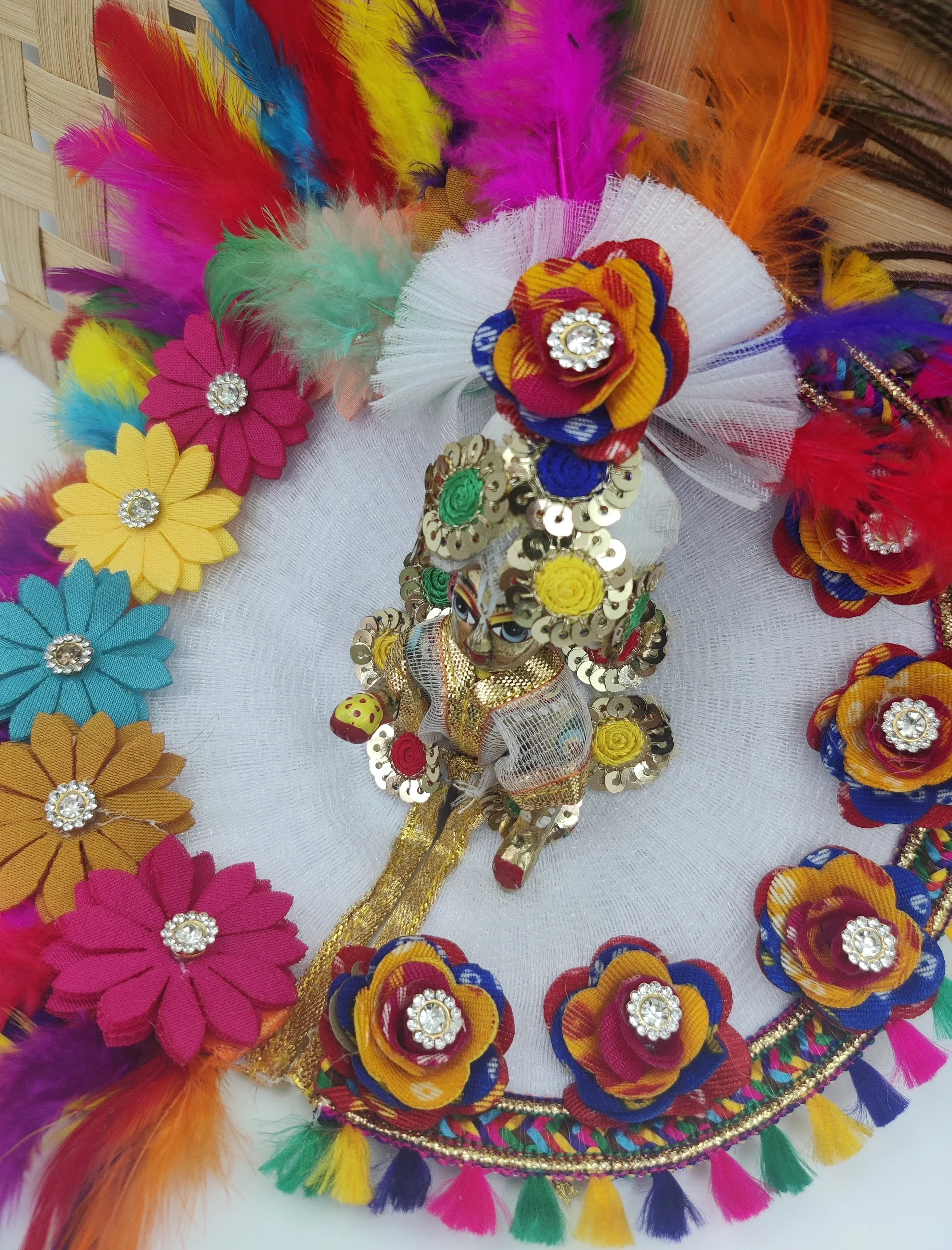Handmade Heavy Feather Laddu Gopal Dress with Pagdi - Designer Kanha Ji Poshak for Janmashtami, Fancy Bal Gopal & Krishna Ji Dress