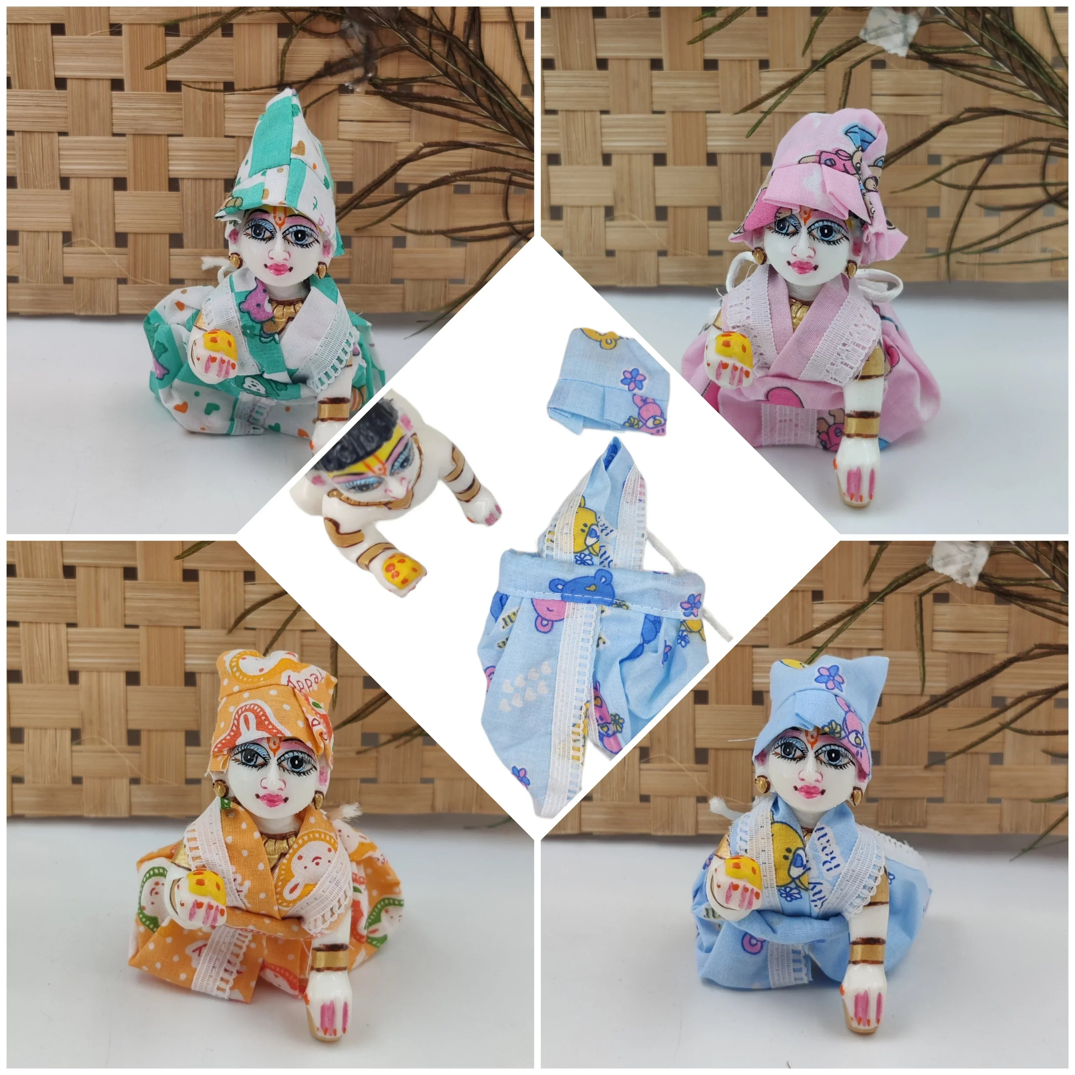 Handmade Laddu Gopal Dress Pack of 4 - Summer Dhoti Kurta Set with Random Prints & Colors | Designer Kanha Ji Poshak for Janmashtami & Festivals